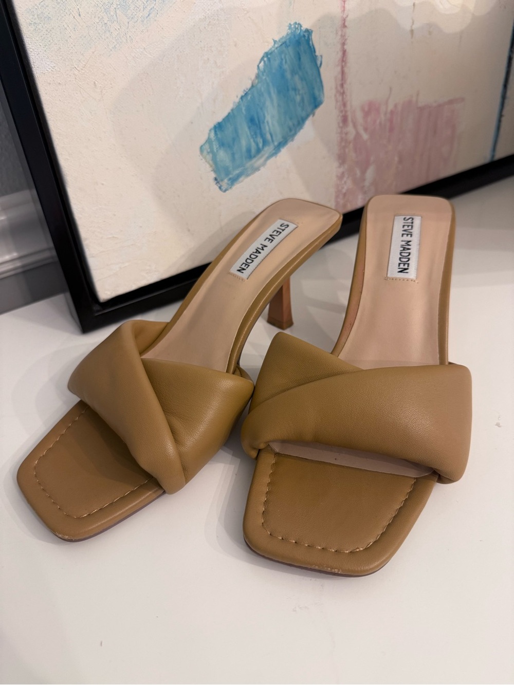 Steve Madden Thai Camel Tan Knotted Slide Mule Heels